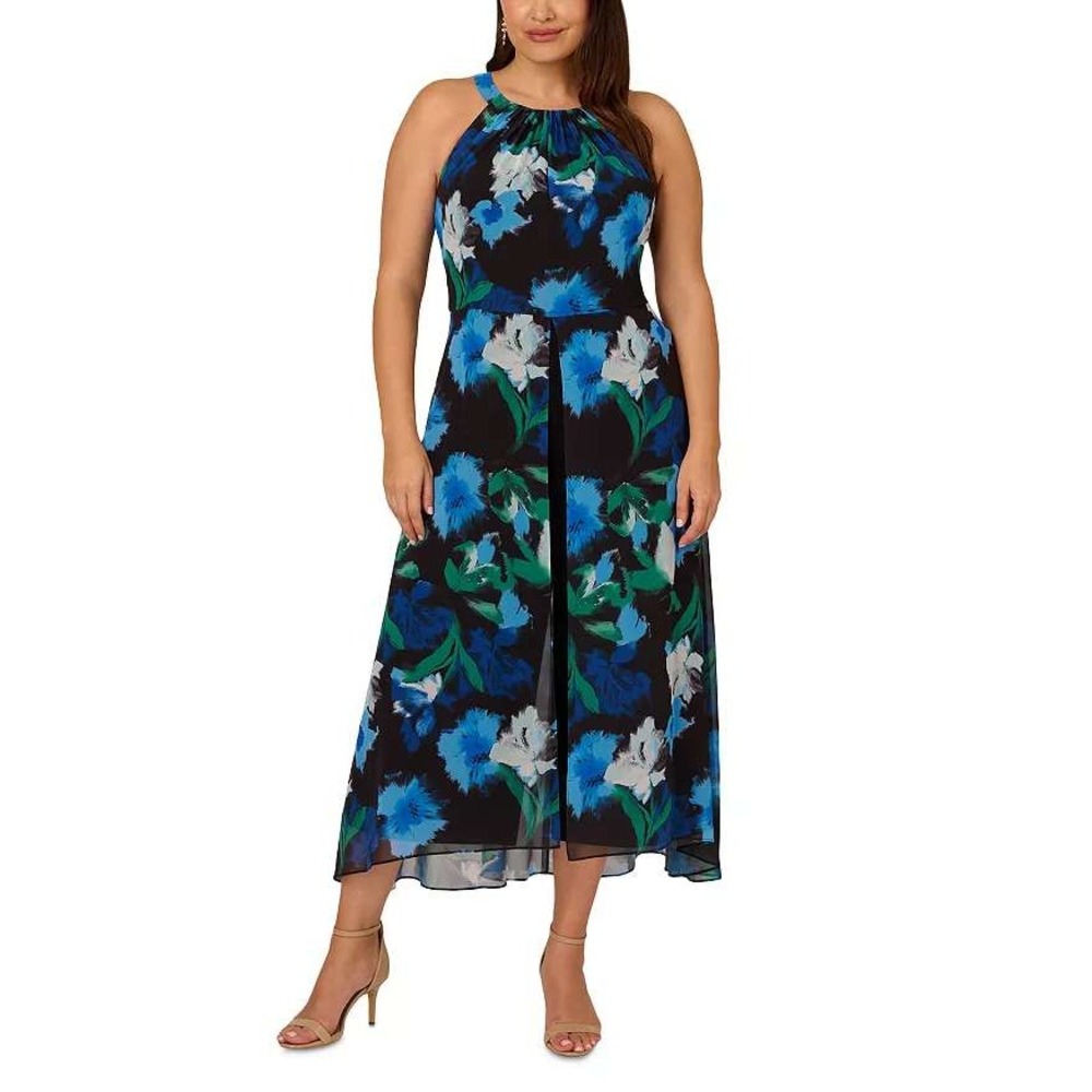 Adrianna Papell Floral Print Chiffon Wide Leg Jumpsuit Size 18W Wedding